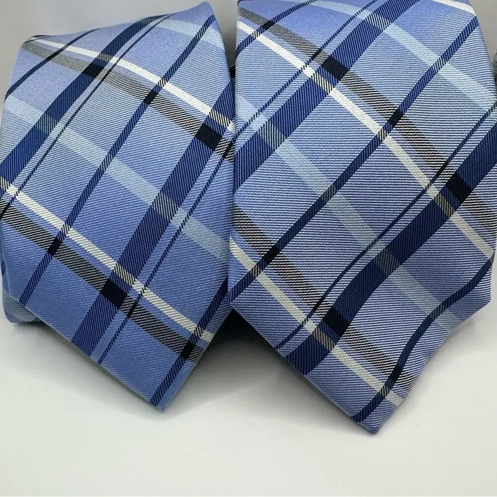 CHAPS NWT Blue White Plaid Neck Tie Lot of 2  Set Bundle 100% Silk Classic